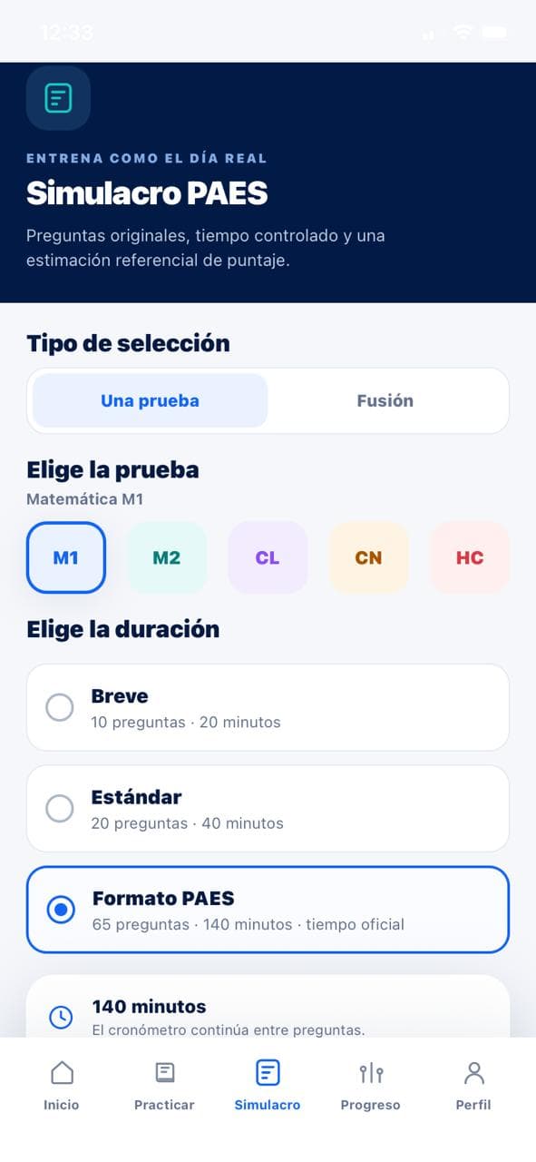 Configuración de prueba y duración de un simulacro PAES