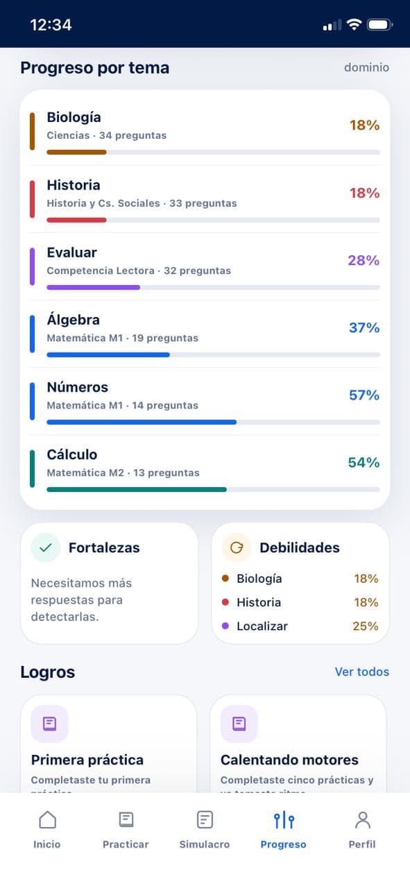 Progreso por temas, fortalezas y contenidos por reforzar en MiMetaPAES