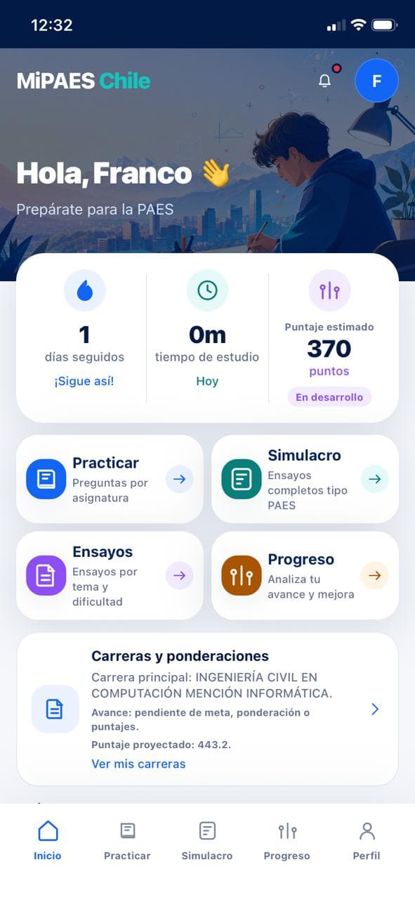 Inicio de MiMetaPAES con herramientas de estudio
