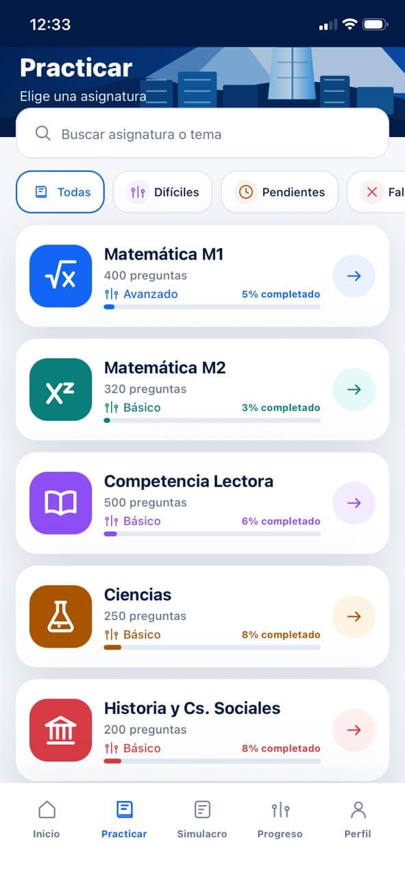 Práctica por asignatura en MiMetaPAES